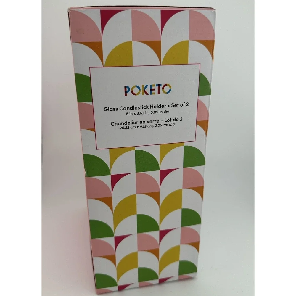 POKETO Green Handmade Glass Taper Candlestick Holder Set Of 2 NOS Open Box‎